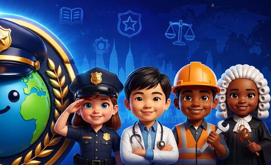The Officer Earth badge beside four smiling children in police, medical, engineering and judicial uniforms