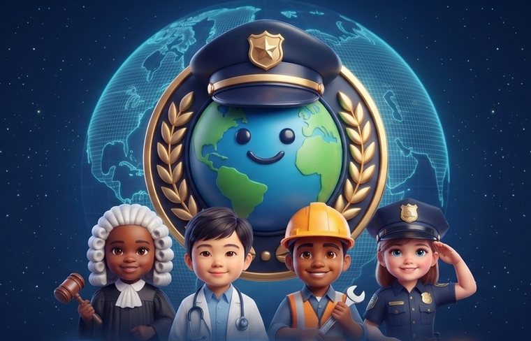 The KidOfficer badge — a smiling Earth in an officer's cap ringed with gold laurels — above four children dressed as a judge, a doctor, an engineer and a police officer