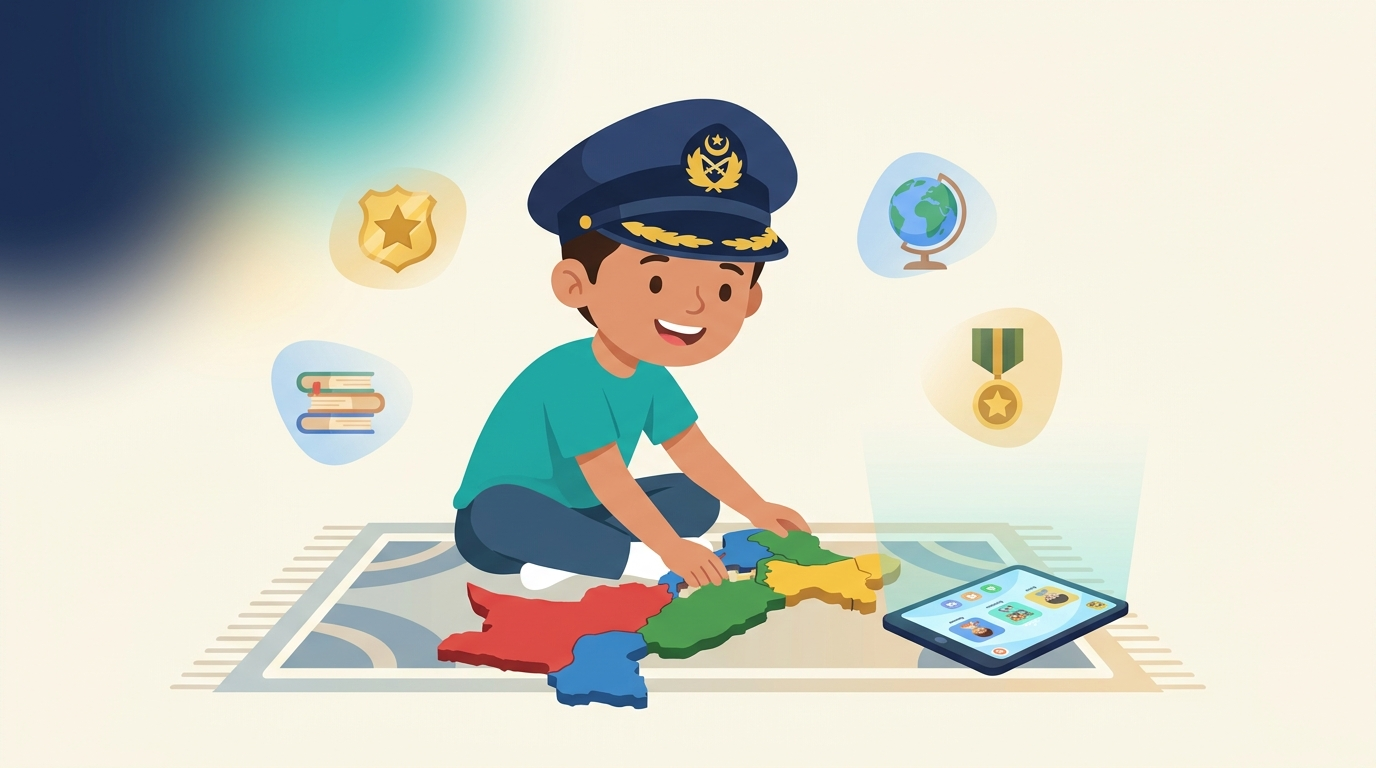 A young boy wearing an officer's cap builds a colourful Pakistan map puzzle while his learning tablet glows beside him