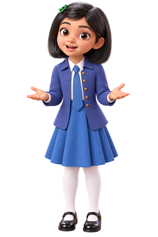 Jannat, the KidOfficer tutor — a smiling girl in a blue school blazer and tie, hands open mid-explanation